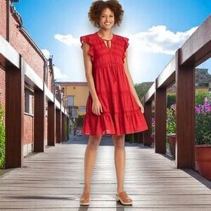 Knox Rose L Red Dress Tiered‎ Cap Sleeves Tassel Tie Closure Pullover Boho